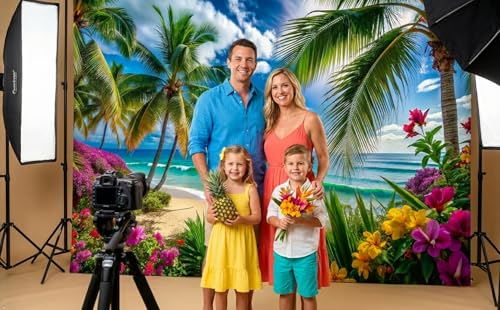 Summer sea Backdrop Tropical Beach Plants Photo Backdrop Hawaiian Ocean Blue Sky Background for Theme Party Supplies Studio Props 10x8ft - size: 10x8ft