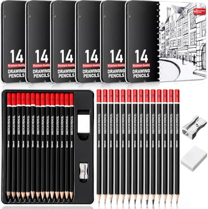 Professional Sketch Pencil Set, 14 Piece Drawing Pencils (12B-6H), Graphite Charcoal Art Pencils with Eraser and Sharpener in Metal Tin Case