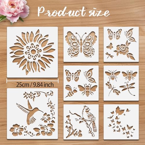 8 Pcs Large Flower Stencils for Painting, 9.84 X 9.84 Inch Flower Stencils for Crafts Reusable, Wood and Wall Stencils for Painting Large Pattern, DIY Templates Holiday Wall Paper (B) - style: B