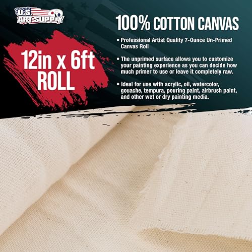 U.S. Art Supply 7-Ounce Unprimed Canvas Roll, 12" Wide x 6' Long (2 Yards) - 100% Cotton, Woven, Acid-Free - Unstretched Canvas Rolls for Painting, Murals, & DIY Crafts - size: 12-Inch-x-2-Yards
