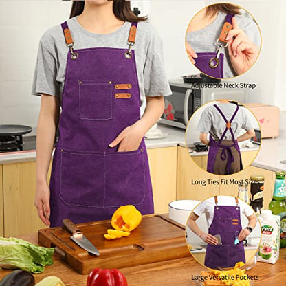 Tosewever Canvas Cross Back Chef Cotton Aprons for Men Women with Large Pockets - color: Purple
