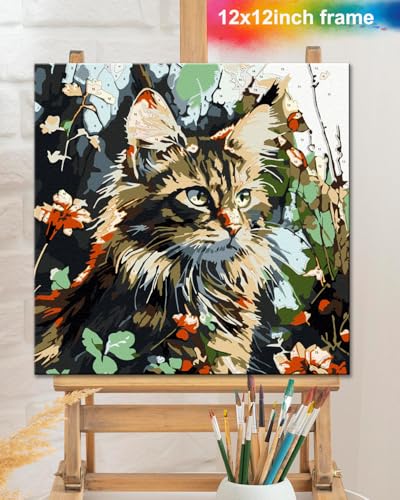 TOCARE Framed Paint by Numbers Kit for Adults Beginners, 12x12inch Cat Paint by Number with Frame,Easy Dragon Li Cat Paint by Numbers Framed Canvas(Without Easel) - color: TC-F-223