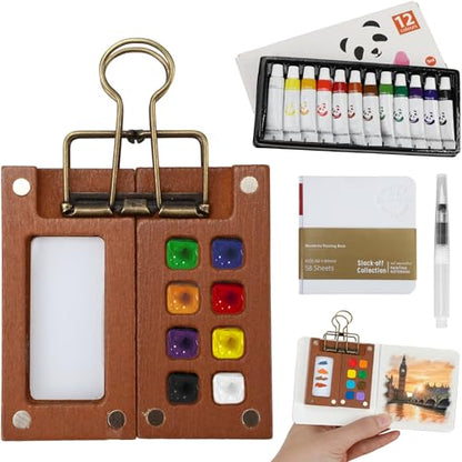 Mini Watercolor Travel Set – New Paint Palette Travel Kit, Upgrade 2026 Portable Pocket Artist Water Colours Box with 8-Grid with Picture Book, Wooden Binder, Brush, Clips, Pens for Painters Students