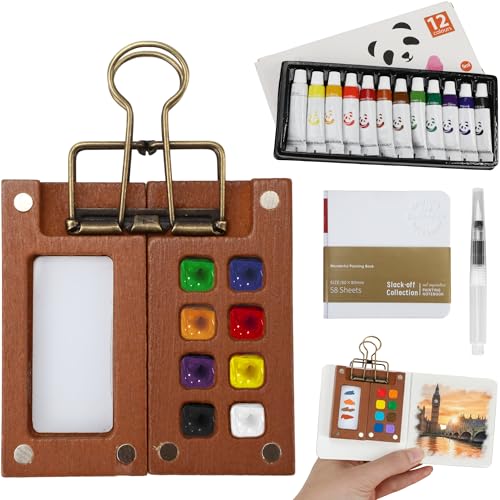 Mini Watercolor Travel Set – New Paint Palette Travel Kit, Upgrade 2026 Portable Pocket Artist Water Colours Box with 8-Grid with Picture Book, Wooden Binder, Brush, Clips, Pens for Painters Students