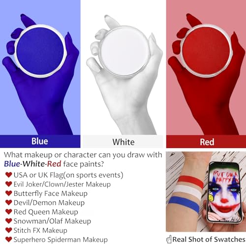 US Flag Red White and Blue Joker Face Body Paint, Water-Based Face Painting Kit with Brushes for America’s Patriotic Parades 4th of July USA Independence Day & Halloween Costume Clown Cosplay Makeup - color: White+Red+Blue+3Pcs Brushes