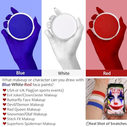 US Flag Red White and Blue Joker Face Body Paint, Water-Based Face Painting Kit with Brushes for America’s Patriotic Parades 4th of July USA Independence Day & Halloween Costume Clown Cosplay Makeup - color: White+Red+Blue+3Pcs Brushes