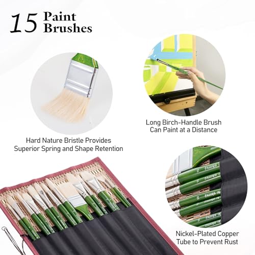 Falling in Art 15 Pcs Professional Oil Paint Brush Set, Natural Hog Bristle - color: Green