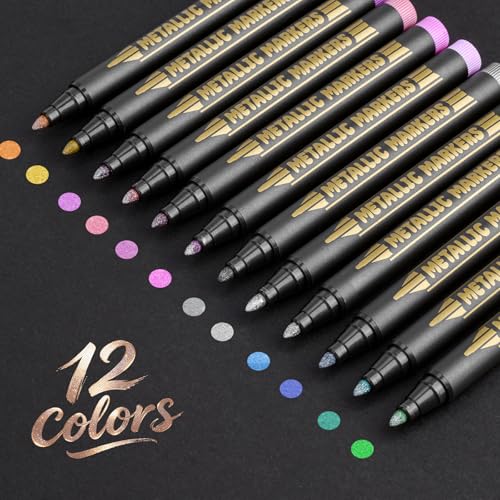 Metallic Paint Markers, 12 Colors Acrylic Paint Markers for Black Paper | 2mm Medium Tip Glitter Pens Scrapbooking Supplies, Eggs Decorating Kit, Card Making Painting Kit , Rock, Photo Albums