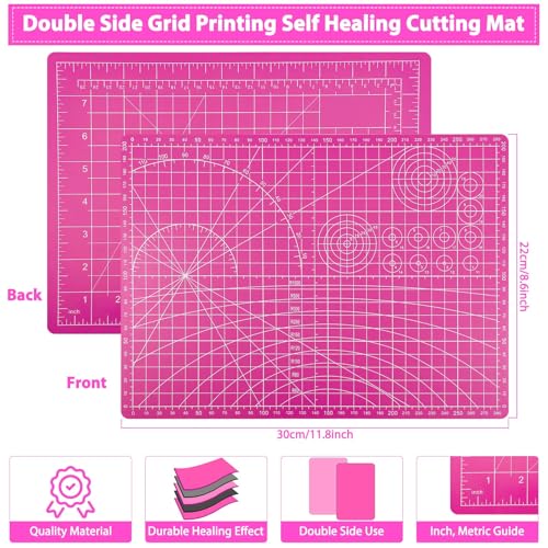 Rotary Cutter and Mat Set, Audab Self Healing Sewing Mats Shirt Cutter 45mm Fabric Cutter Wheel with 2 Blades Rotary Cutting Mat for Crafts Fabric Quilting Hobby (9" x 12" (A4) - color: Pink