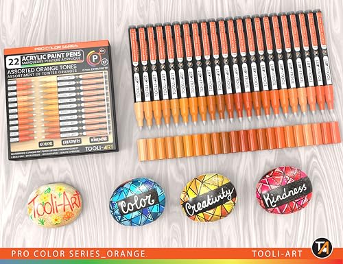 Acrylic Paint Pens 22 Orange Tones Assorted Pro Color Series Markers Set 0.7mm Extra Fine Tip for Rock Painting, Glass, Mugs, Wood, Metal, Canvas, Projects, Non Toxic, Waterbased, Quick Drying - color: ORANGE XF