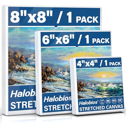 Halobios 3 Packs Stretched Canvases for Painting with 4x4 Inch, 6x6 Inch, 8x8 Inch, Square Blacnk Canvases for Acrylics,Oils & Other Painting Media, 5/8 Inch Profile 100% Cotton Artist Framed Canvas - size: 3 Pack Mixed - 8×8IN 6×6IN 4×4IN