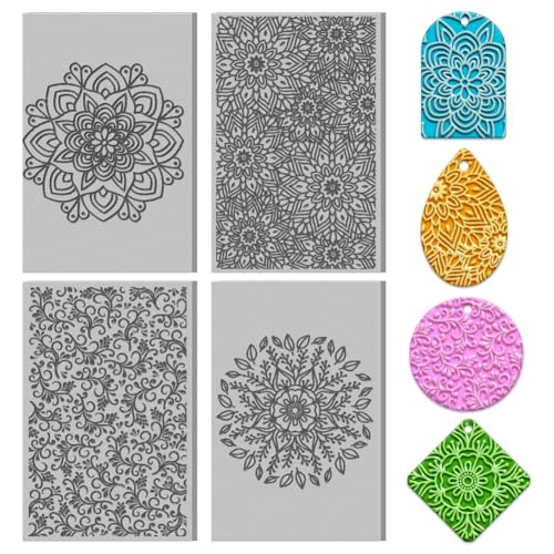 4PCS Polymer Clay Texture Sheets Set for Using with Clay Cutters Boho Clay Mat Effect as Texture Roller DIY Craft Tools Earing Jewelry Making - style: Mandala Theme-4pcs