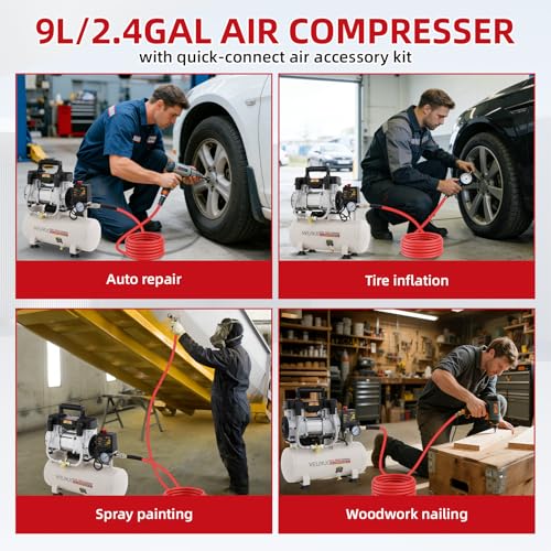 Ultra Quiet Air Compressor, Only 60dB, 2.4 Gallon Tank, Oil-Free, 110V/60Hz 1.5HP, 6.71CFM@115PSI, Air Compressor Perfect for Spray Painting, Auto Repair, Tire inflation, Woodwork nailing - size: 2.4 Gallon