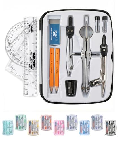 Mr. Pen- Geometry Set, 13 pcs, 3 Metal Compasses, Protractor, 6" Ruler | 45° & 30°/60° Set Squares, Pencils, Lead Refills, Sharpener & Eraser for Math, Drafting & Classroom Use - color: Black