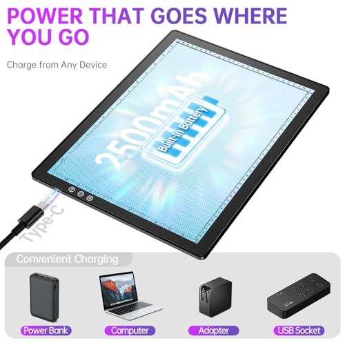 ZEXALIGHT A3 Rechargeable Light Box for Diamond Painting, 8 Adjustable Angles LED Light Pad with 3 Color Temp., 8 + Stepless Dimming, 2500mAh Battery, Light Table for Artists Tracing Drawing (Black)