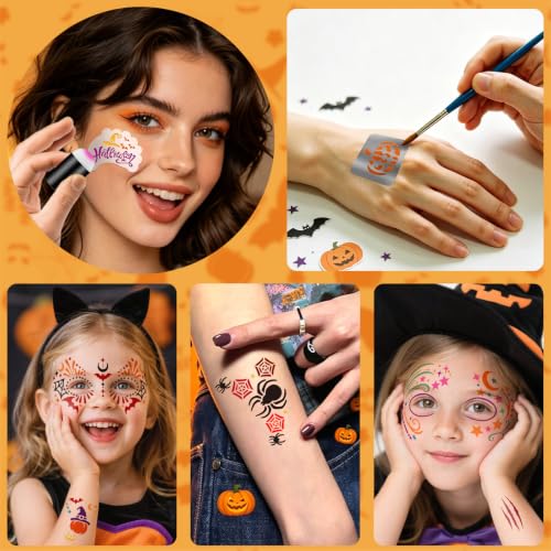 58PCS Halloween Face Paint Stencils Kit Includes 36 Reusable Facial Painting Stencils, 6 Sheets Tattoo Templates Stickers, 10 Brushes, 2 Pack Adhesive Gems, 4 Sponge for Halloween Party Makeup - color: Halloween