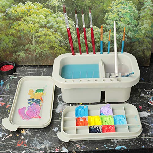 MyLifeUNIT Paint Brush Cleaner, Paint Brush Holder with Palette, Grey | 18 mixing wells, 16 slots fitting 0.24-0.63 in diameters, 3 washing compartments, removable tray lid - color: Grey