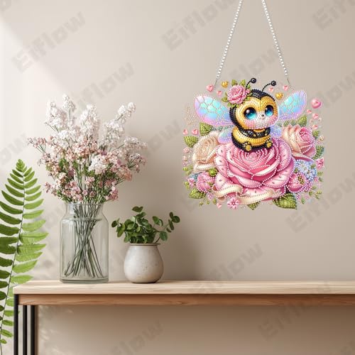 Eiflow Acrylic Diamond Art Hanging Kit for Adults, DIY Diamonds Painting Door Hanging Board Kit, Special Crystal Diamond Art Painting Pendant Ornament (Valentine Bee) - color: Rose Bee