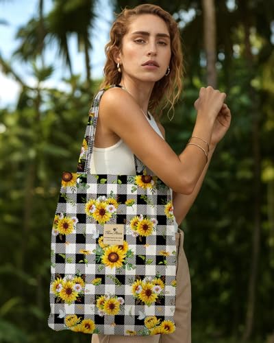 Miss Adola Corduroy Tote Bag for Women with Aesthetic Design | Magnetic Buckle & Pocket, Reusable, Soft, Roomy, Long Shoulder Handles, Double-sided Print, Casual Daily Work, Grocery Bags - color: Plaid Sunflower