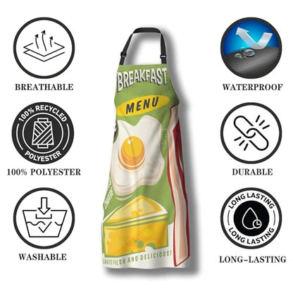 Apron Kitchen for Men Breakfast Menu Baking Aprons for Women for Kitchen Cooking Restaurant BBQ Painting Crafting Gardening 27” (W) x 31” (H), Waterproof Apron - color: Breakfast Menu