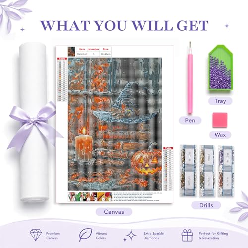 AuraDraw Witch Hat Diamond Art Kits for Adults, Halloween Book Diamond Painting Kits for Adults, Round Full Drill Diamonds for Home Decor-12x16inch - color: ZSH-0015