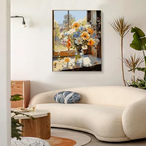 PRASIO Framed Paint by Numbers Kit for Adults Beginner, Flowers Adult Paint by Number Kits on Canvas Framed, DIY Acrylic Watercolor Oil Paint by Numbers with Frame for Gift Home Decor 16x20 Inch - color: XM-OP-F-WindowYellowFlower-4050