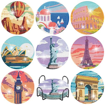gganmtere Famous Landscape Diamond Painting Coasters Kit-8 Pcs Art Coasters with Holder, DIY Diamond Art Coaster for Adults - color: JXBD74