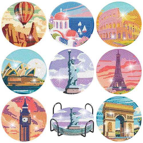 gganmtere Famous Landscape Diamond Painting Coasters Kit-8 Pcs Art Coasters with Holder, DIY Diamond Art Coaster for Adults - color: JXBD74