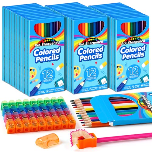 Jyusmile 432 Count Colored Pencils, Bulk 36 Boxes with 36 Sharpeners