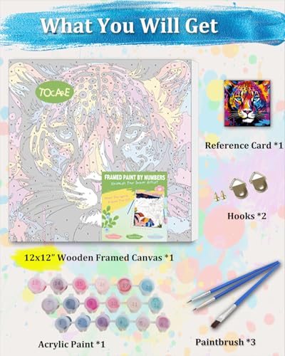 TOCARE Framed Paint by Numbers Kit for Adults & Kids Ages 8-12, 12x12Inch Colorful Leopard Paint by Numbers with Frame, Leopard Paint by Number Framed Canvas for Animal Lovers (Without Easel) - color: TC-F-370