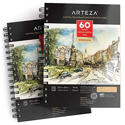 ARTEZA Mixed Media Sketchbook, 5.5 x 8.5 Inches, Pack of 1, 60 Sheets, Micro-Perforated Spiral-Bound Paper Pad for Wet and Dry Media - size: 5.5"x8.5" (Pack of 1)