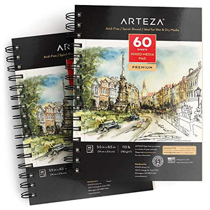 ARTEZA Mixed Media Sketchbook, 5.5 x 8.5 Inches, Pack of 1, 60 Sheets, Micro-Perforated Spiral-Bound Paper Pad for Wet and Dry Media - size: 5.5"x8.5" (Pack of 1)