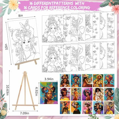 Tenceur 16 Sets Pre Drawn Canvas to Paint for Sip and Paint Party, 8 x 10 Inch Preprinted Framed Pre Sketched Coloring Canvas with Easels and Brushes for Adults Party Supplies(Black Girl) - style: Black Girl