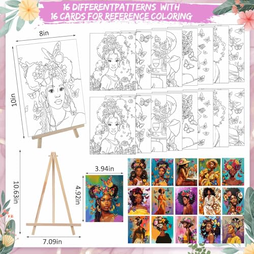 Tenceur 16 Sets Pre Drawn Canvas to Paint for Sip and Paint Party, 8 x 10 Inch Preprinted Framed Pre Sketched Coloring Canvas with Easels and Brushes for Adults Party Supplies(Black Girl) - style: Black Girl