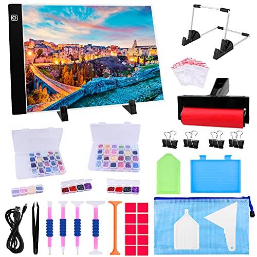 Ratukall A4 LED Light Pad for Diamond Art, USB Powered Light Board Kit | Adjustable Brightness Tracing Light Box with Diamond Painting Accessories & Tools, Includes Storage Case, Drill Pens & Stand - style: 01-A4 Light Pad Kit
