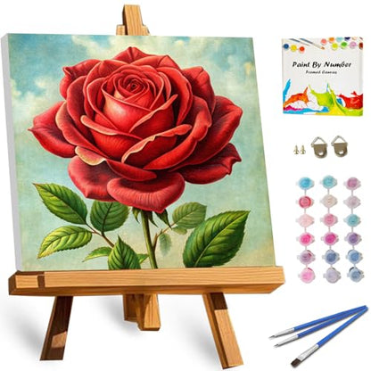 TOCARE Framed Paint by Numbers Kit for Adults Beginner & Kids Ages 8-12,Red Rose Paint by Number Framed, Simple Oil Paint by Number Kits Valentines'Day Gift (10x10 Inch, Without Easel) - color: TC-F-93