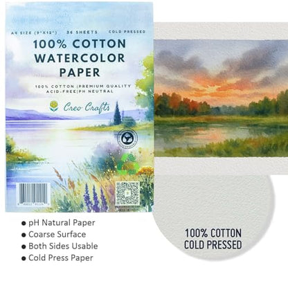 Creo Crafts 100% Cotton Watercolor Paper A4 (8.3 x 11.7 in) - 36 Sheets, 250 GSM Cold Pressed, Gelatin Sized, Acid-Free Natural White Artist Paper for Watercolour & Gouache - size: A4