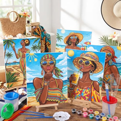 Sherr 285 Pcs 30 Sets Sip and Paint Kit for Adults,Summer | Pre Drawn Canvas to Paint for Adults, Acrylic Paints, Brushes, Easels, Date Night, Birthday Party Gifts - style: Summer Lady