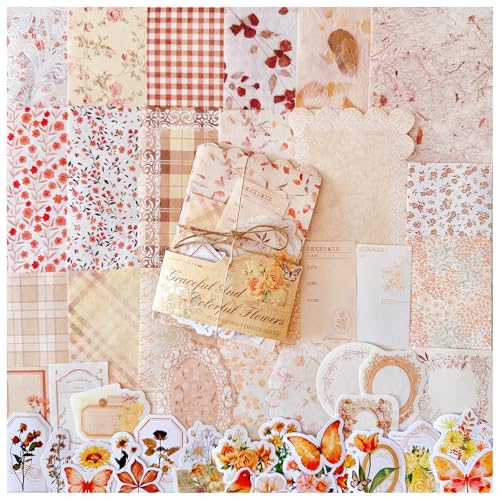 Doraking 100pcs Vintage Floral Scrapbook Paper Journaling Stickers Assorted Set, Material Paper Memo Junk Journal Supplies for Bullet Journaling Retro Crafts Planner Collage Card Album - color: Yellow