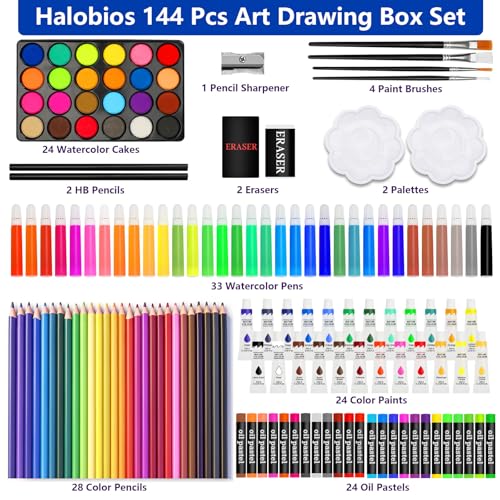 Halobios Art Supplies, 144-Piece Deluxe Art Set Professional Art Kit with Portable Aluminum Case, Crafts Drawing Painting Kit for Gifts Adults Kids Artists
