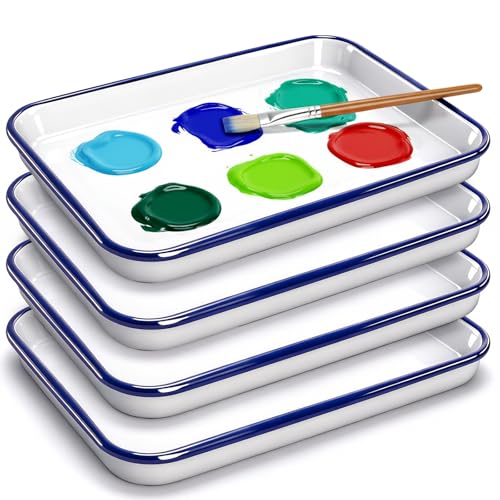 Elsjoy 4 Pack Enamel Butcher Tray, 10.8 x 7.7 Inch Rectangular Paint Palette Enamel Tray, Vintage Enamelware for Painting, Food Storage