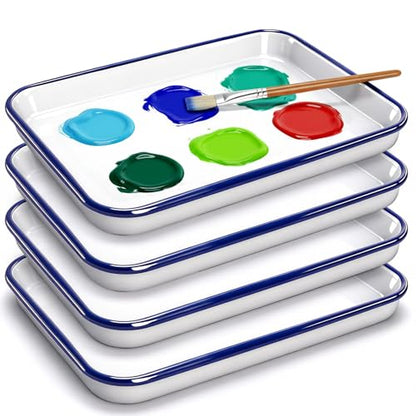 Elsjoy 4 Pack Enamel Butcher Tray, 10.8 x 7.7 Inch Rectangular Paint Palette Enamel Tray, Vintage Enamelware for Painting, Food Storage