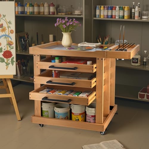 Art Supplies Storage 5-Tier Cart, Beech Wood Rolling Cart | Solid Beech wood, 3 Drawers with 4 Caster Wheels, Craft Cart , for Studio, Classroom, Artists