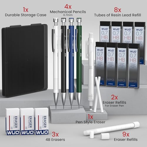 WUO 0.7 mm Mechanical Pencils with Eraser Pen Storage Case, 4 PCS | Metal Drafting Pencil Set, 480 HB Lead Refills, 3x4B Erasers, 11 Eraser Refills for Artist Writing Drawing Sketching - color: Multicolor2 - 0.7mm (4 Pack)