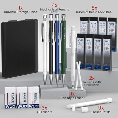 WUO 0.7 mm Mechanical Pencils with Eraser Pen Storage Case, 4 PCS | Metal Drafting Pencil Set, 480 HB Lead Refills, 3x4B Erasers, 11 Eraser Refills for Artist Writing Drawing Sketching - color: Multicolor2 - 0.7mm (4 Pack)