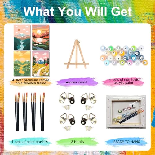 4 Pack Scenery Paint by Numbers for Adults with Frame Canvas - Wooden Easel - color: BKH2198+BKH2199+BKH2200+BKH2201