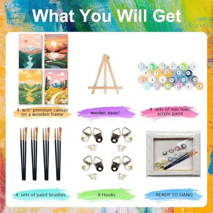 4 Pack Scenery Paint by Numbers for Adults with Frame Canvas - Wooden Easel - color: BKH2198+BKH2199+BKH2200+BKH2201