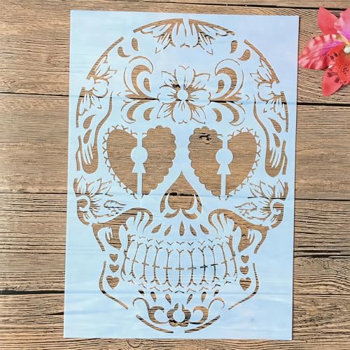 TIAMECH A4 Reusable Mandala Smile Skull Stencil for Painting - style: Smile Heart Eyes Skull