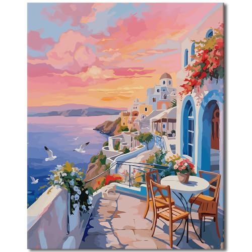 TUMOVO Easy Paint by Numbers Kit for Adults, Seaside Village Sunset | Sunset Village Wall Decor, Adult Paint by Number Kits, Relaxing DIY Craft, No Painting Skills Needed, 16x20 Inches. - color: Seaside Town