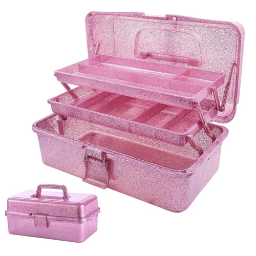 Saim 3-Layer Storage Bin, Carry Organizer Box for Art Craft Makeup Supplies - color: Pink